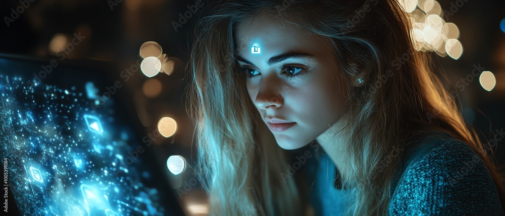 Fototapete closeup of a privacy lock icon on a laptop screen, woman using computer with virtual interfaces, emp