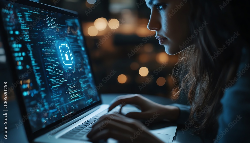 Fototapete closeup of a privacy lock icon on a laptop screen, woman using computer with virtual interfaces, emp