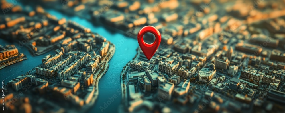 Aufkleber aerial view of city with red location pin, navigation concept