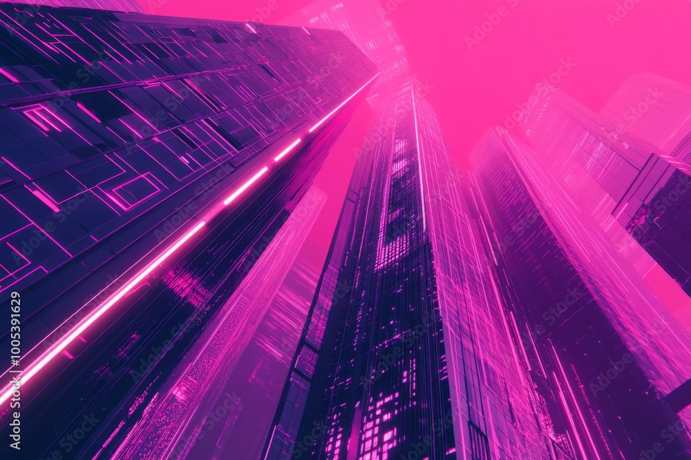 Wall mural repetitive layout of synthwave-inspired skyscrapers with a retro-futuristic design, creating a patte