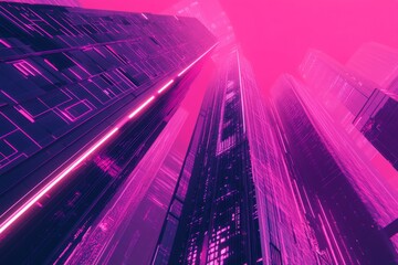 Fototapeta premium Repetitive layout of synthwave-inspired skyscrapers with a retro-futuristic design, creating a pattern.