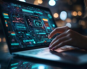 Fototapeta premium Closeup of a woman working on a laptop with a Privacy Lock icon displayed on virtual screen interfaces, emphasizing security, highdefinition