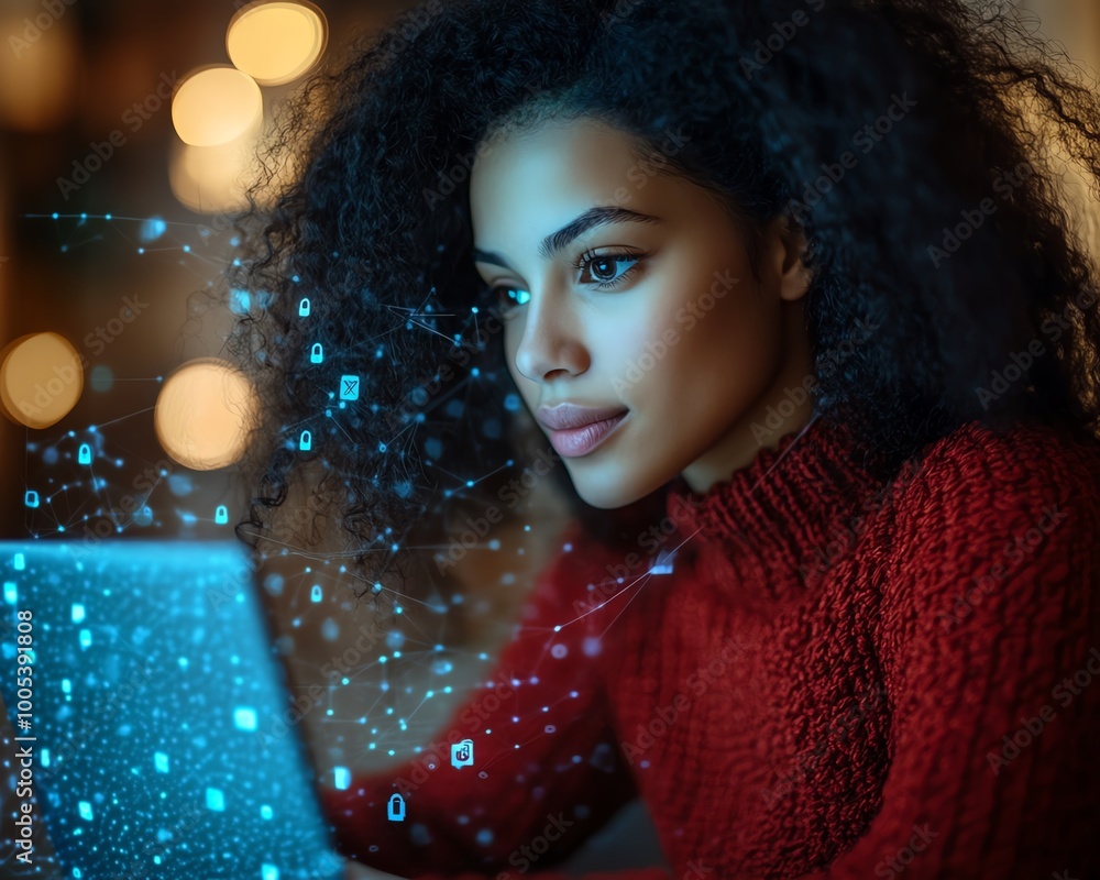 Aufkleber Closeup of a woman working on a laptop with a Privacy Lock icon displayed on virtual screen interfaces, emphasizing security, highdefinition
