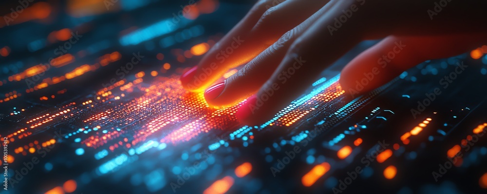 Poster Closeup of hand touching rotating data flow, background with advanced data flow processing visualization, vibrant colors and clarity, highdefinition