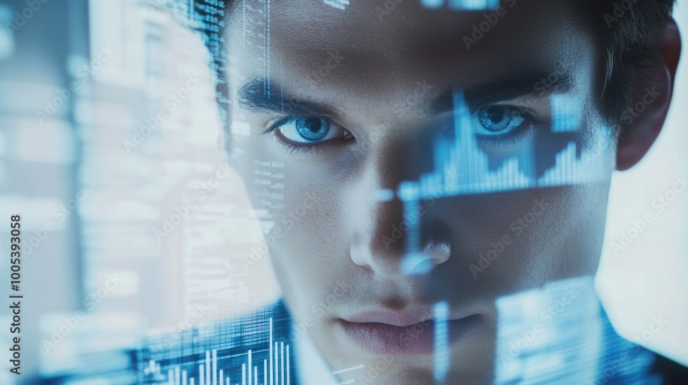 Poster a focused individual analyzing digital data and graphs in a professional setting.