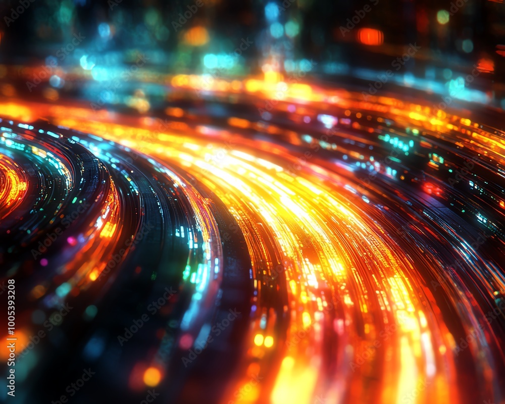 Aufkleber data cables with glowing light trails transferring information, futuristic background with vibrant c