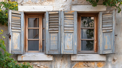 Fototapeta premium Vintage wooden shutters on a charming stone building in an old town at sunset