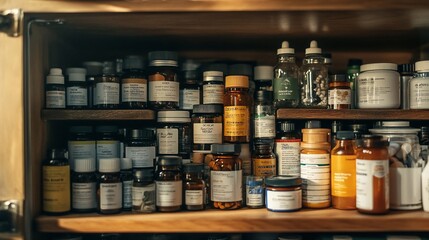 A cabinet full of various bottles and jars with medicine, vitamins, and supplements.