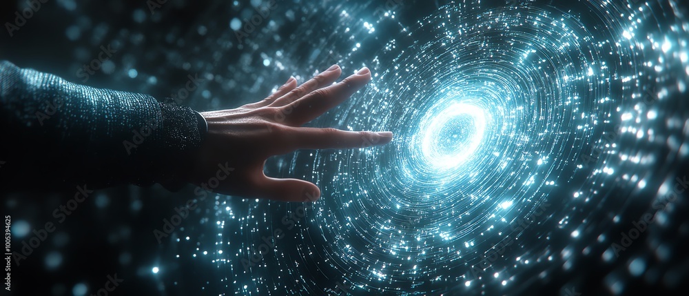 Fototapete dynamic data flow spinning with a hand in contact, data processing visualization background, futuris