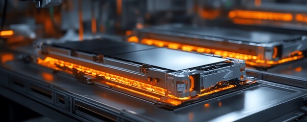 Electric vehicle battery cells in mass production, closeup view of assembly line, highlighting advanced technology and intricate details, ultraHD