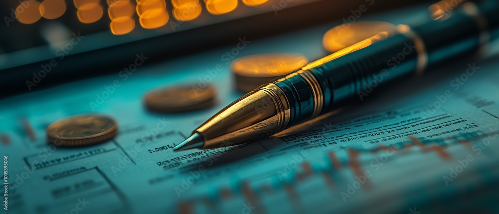 Wall mural financial backdrop featuring a pen, coins, and outoffocus stock market charts, vibrant economy scene