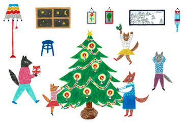 手描きイラスト　クリスマス	の夜