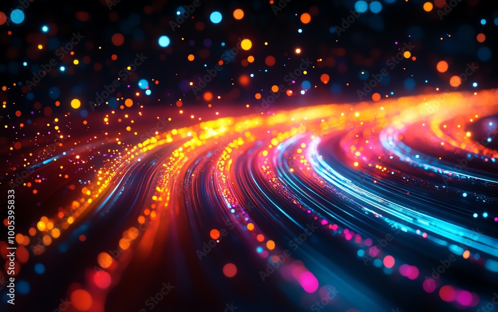 Poster glowing light trails from data cables transferring information, futuristic background with vivid col