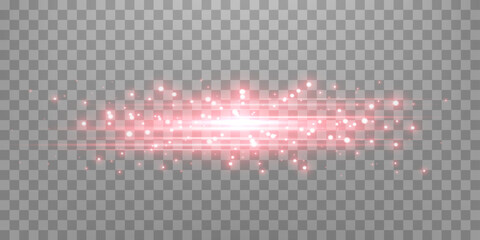 Red horizontal lensflare. Light flash with rays or spotlight and bokeh. Red glow flare light effect. Vector illustration. Isolated on transparent background. © Elena