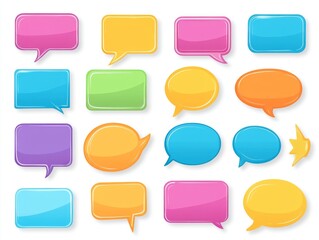 2408 32.A vector set of brightly colored speech bubbles with flat designs. The speech bubbles are rendered in a variety of shapes such as rectangles, circles, and ellipses, all arranged on a white