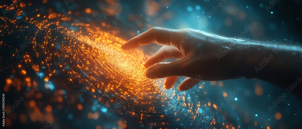 Fototapete Hand engaging with a spinning data flow, immersive data processing visualization background, modern and vivid design, ultraHD quality