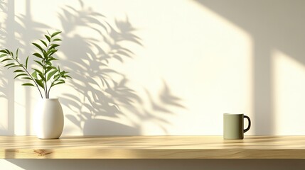 Minimalist composition of living room interior with copy space, wooden consola, ceramic vase with branch, bowl, beige wall, gray cup and personal accessories. Home decor. with generative ai