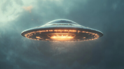 Obraz premium Mysterious UFO hovering above dark stormy clouds in an otherworldly setting