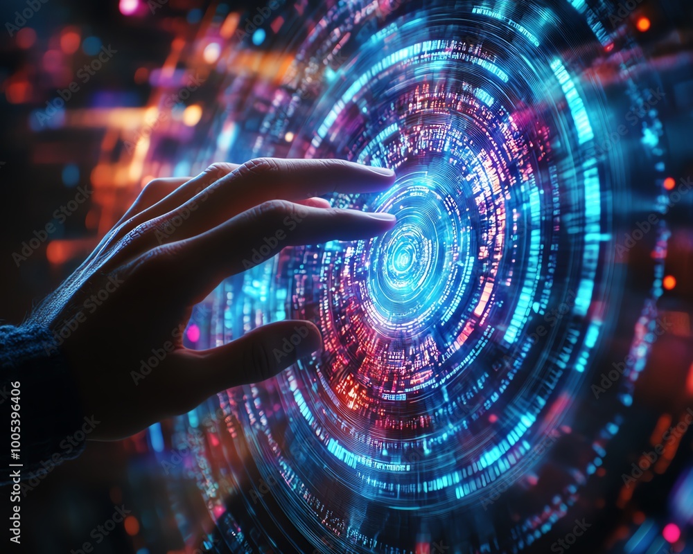 Poster Hand interacting with a swirling data flow, background featuring data flow processing visualization, vibrant and clear, hightech design, ultraHD