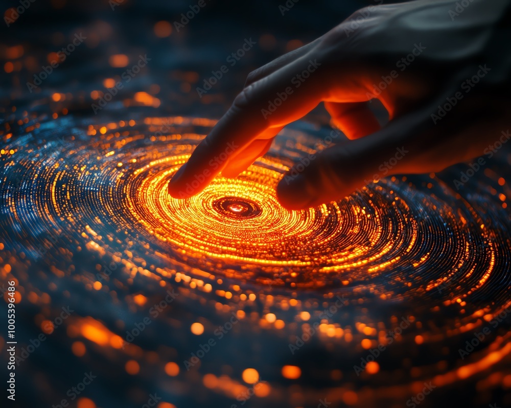 Poster Hand interacting with a swirling data flow, background featuring data flow processing visualization, vibrant and clear, hightech design, ultraHD