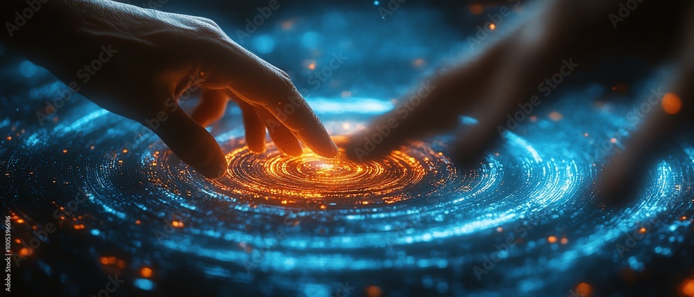 Poster Hand touching a spinning data flow, data flow processing visualization background, dynamic and futuristic design, highresolution, 4K quality