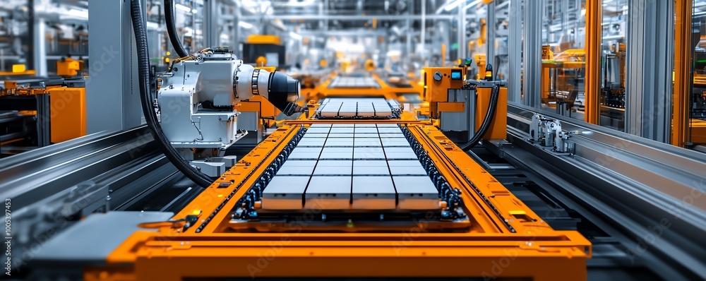 Poster hightech assembly line for electric vehicle battery cells, closeup view of production process and ma
