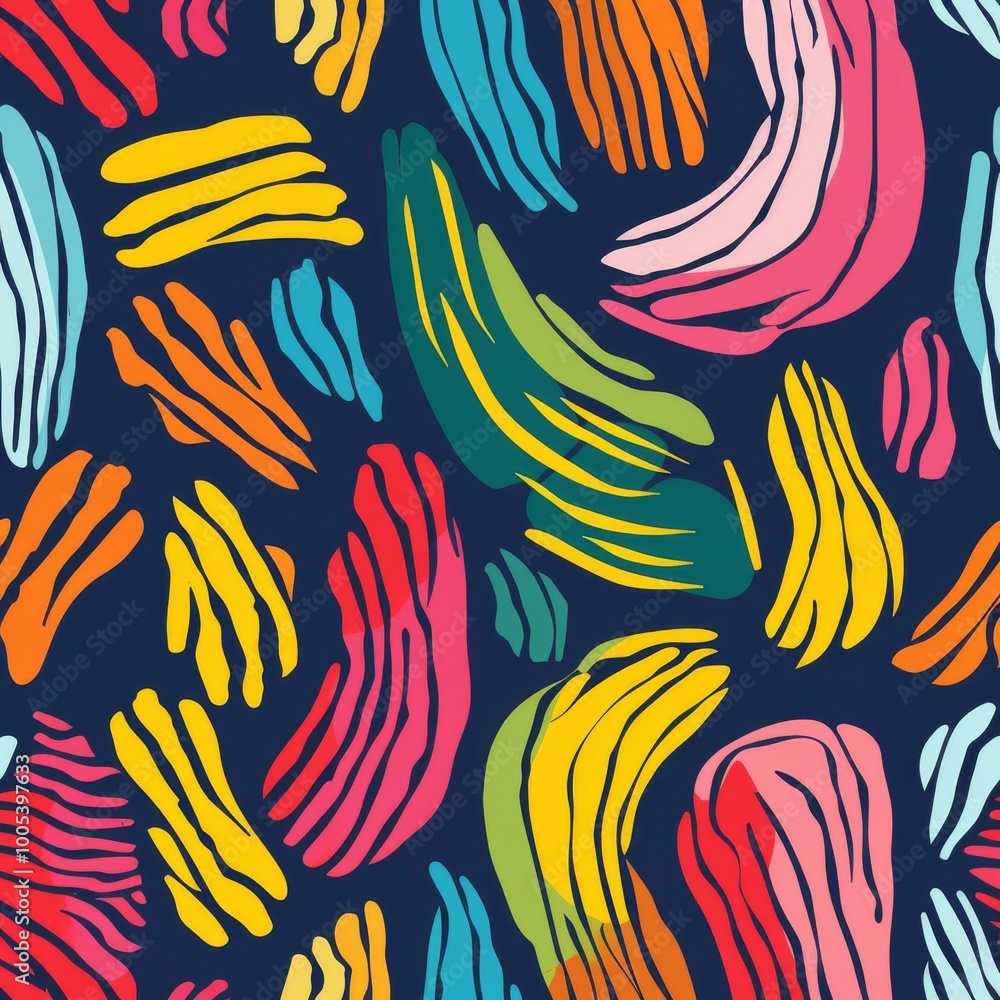 Poster a dynamic and colorful abstract pattern featuring various organic shapes in vibrant hues against a d
