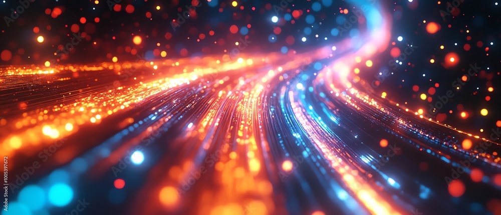 Poster illuminated data cables in motion, transferring information with glowing light effects, techinspired
