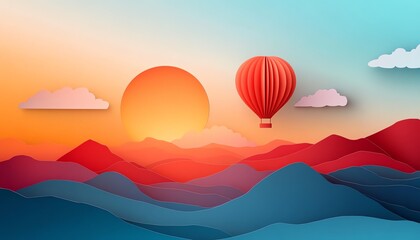 Obraz premium Hot air balloon floating above hills and mountains, paper art style illustration wallpaper, sky background with ample copy space, vibrant colors, 4K resolution