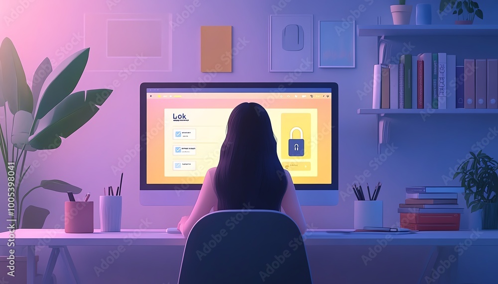 Aufkleber laptop screen showing a privacy lock icon, woman working on computer with virtual interfaces, securi