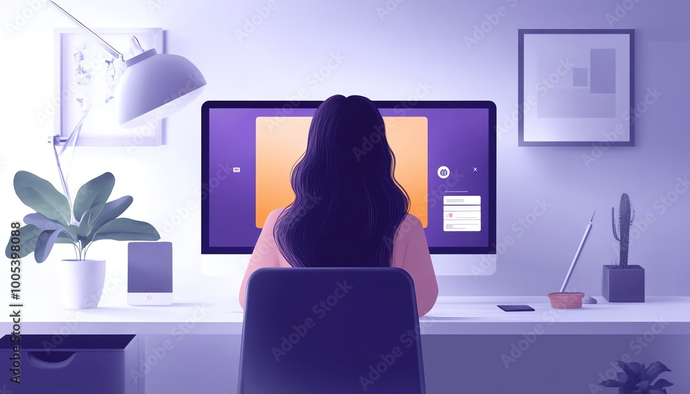 Aufkleber laptop screen showing a privacy lock icon, woman working on computer with virtual interfaces, securi