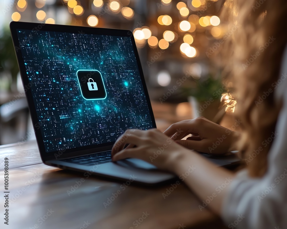 Aufkleber laptop screen showing a privacy lock icon, woman working on computer with virtual interfaces, securi