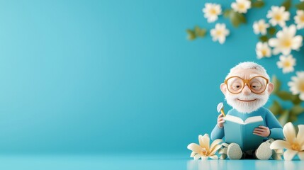 Fototapeta premium Charming Elderly Man Reading Under Blossoming Flowers