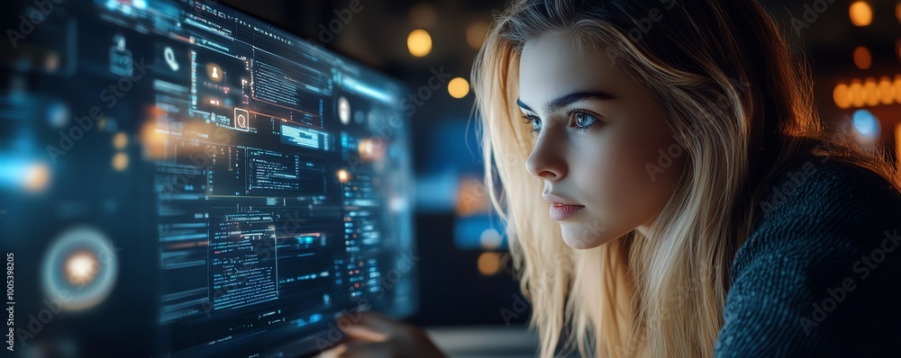 Aufkleber laptop screen showing a privacy lock icon, woman working on computer with virtual interfaces, securi