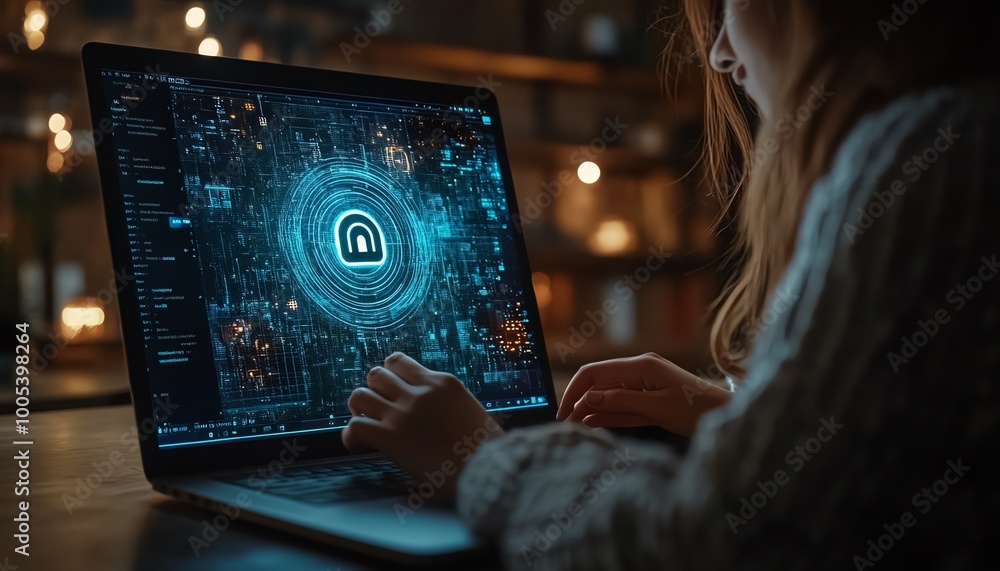 Aufkleber laptop screen showing a privacy lock icon, woman working on computer with virtual interfaces, securi
