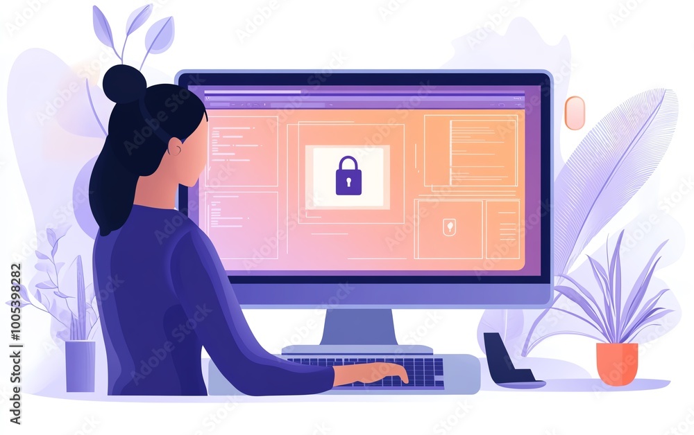 Aufkleber Laptop screen showing a Privacy Lock icon, woman working on computer with virtual interfaces, security concept, clear and vivid, highdefinition
