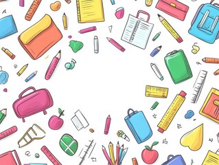 2408 76.A vibrant back-to-school background featuring an array of colorful stationery items such as pencils, rulers, notebooks, and erasers scattered across a clean white or pastel backdrop. The