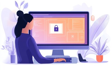 Laptop screen showing a Privacy Lock icon, woman working on computer with virtual interfaces, security concept, clear and vivid, highdefinition