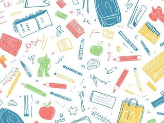 2408 76.A vibrant back-to-school background featuring an array of colorful stationery items such as pencils, rulers, notebooks, and erasers scattered across a clean white or pastel backdrop. The