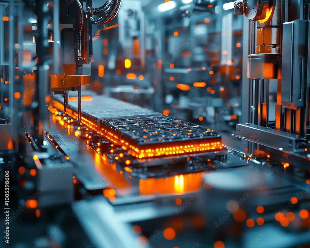 Poster mass production of electric vehicle battery cells, closeup view of assembly line with precise machin