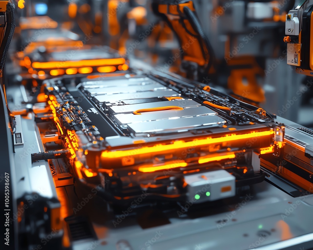 Poster mass production of electric vehicle battery cells, closeup view of assembly line with precise machin
