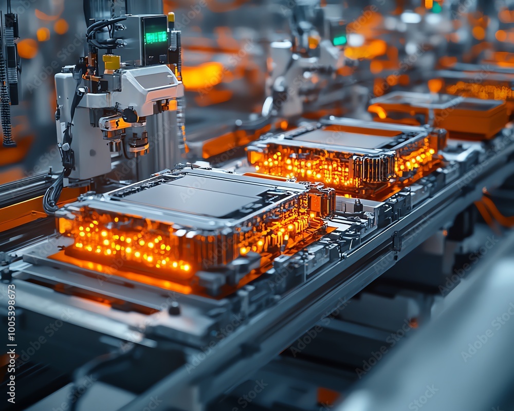 Poster mass production of electric vehicle battery cells, closeup view of assembly line with precise machin