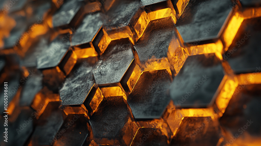 Poster intricate hexagonal metal structure with glowing orange elements in a dark setting