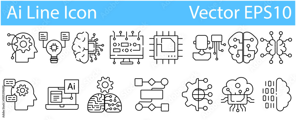 Poster AI editable stroke icons.AI icons line design. Deep learning, artificial intelligence, intelligence, generative AI, artificial, drawing AI, neural network, chatbot vector illustrations.