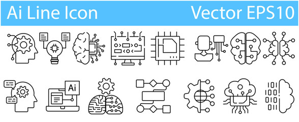 AI editable stroke icons.AI icons line design. Deep learning, artificial intelligence, intelligence, generative AI, artificial, drawing AI, neural network, chatbot vector illustrations.