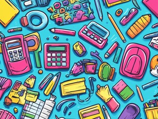 2408 83.A playful back-to-school design with colorful doodles of various school supplies, such as calculators, backpacks, and pencils, arranged across a vibrant background. The stickers and icons are