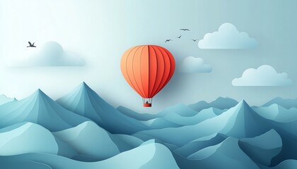 Obraz premium Paper art style background with a hot air balloon gliding over mountains and hills, clear sky with ample copy space, charming illustration, highdefinition