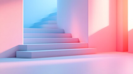Obraz premium 3d render, abstract background with steps and staircase, in pink and blue pastel colors. Architectural design elements. 