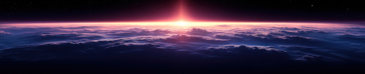 stunning view of cosmic horizon where beam of blue purple light shines into darkness, illuminating clouds below. scene evokes sense of wonder and tranquility