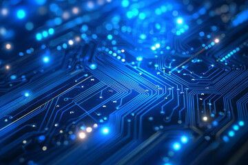 Obraz premium A close-up view of a circuit board with glowing blue lights, showcasing intricate electronic pathways and connections.